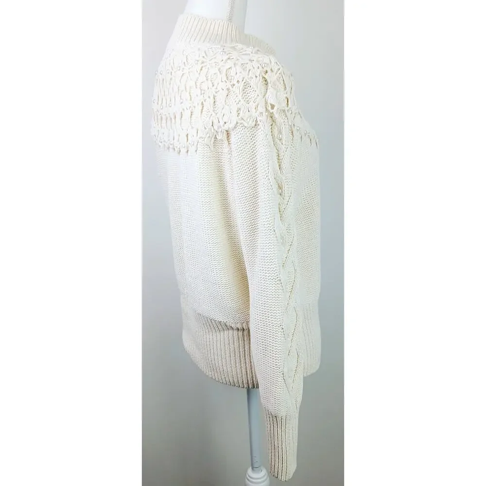 Sarah Taylor Collection VTG SZ M Cable Knit Cream Sweater Crochet Pearls 80's